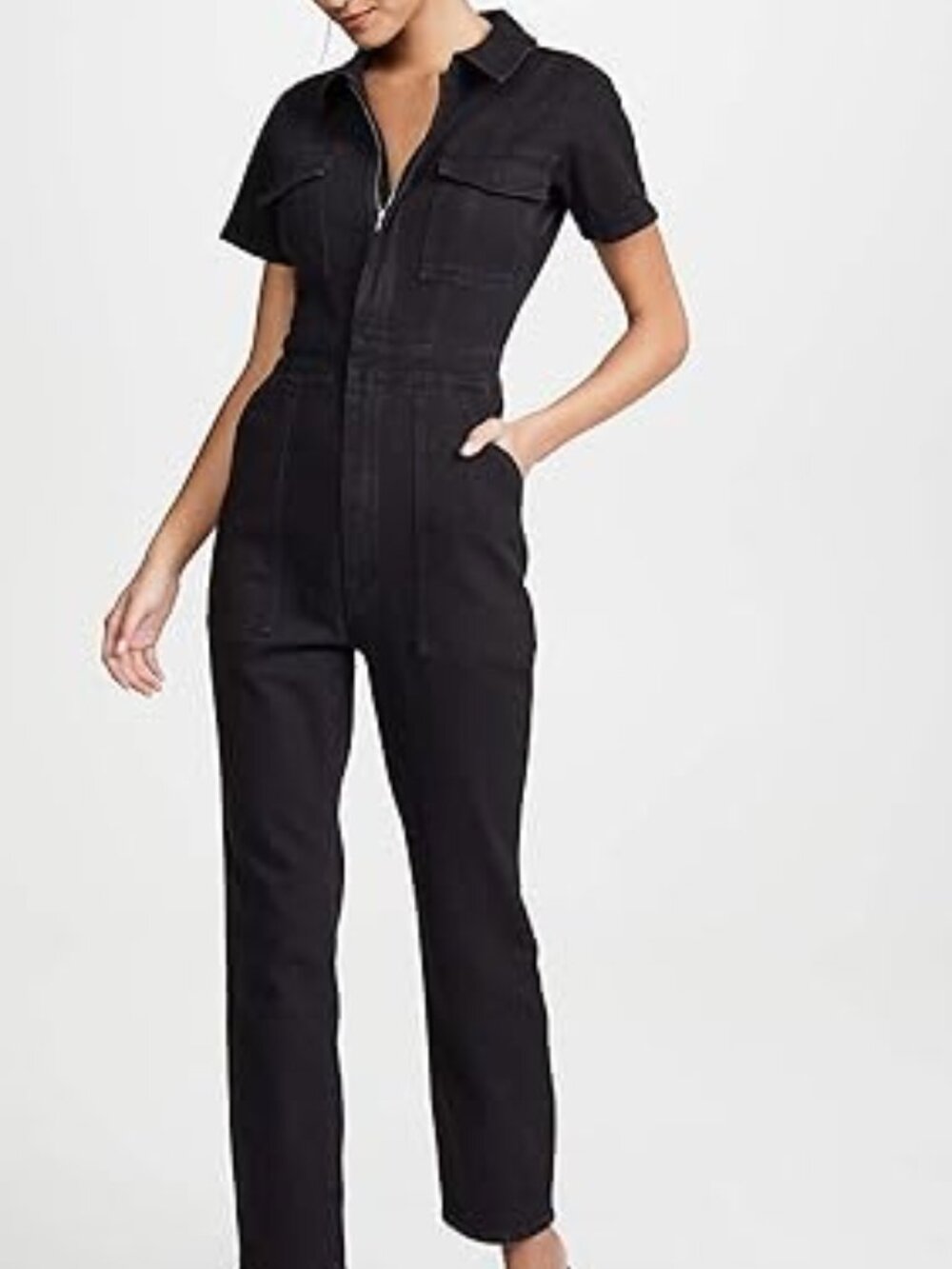 Good American "Fit For Success" Black Stretch Denim Short Sleeve Jumpsuit